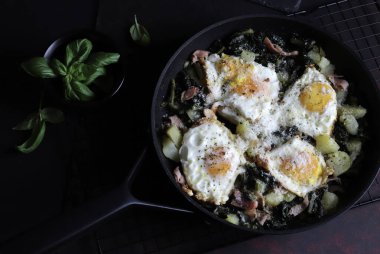 Kara lahana, patates, peynir ve tavada otla ev yapımı sahanda yumurta. Kahvaltı, öğle yemeği ya da akşam yemeği için mükemmel. Karanlık arka plan. Boşluğu kopyala.