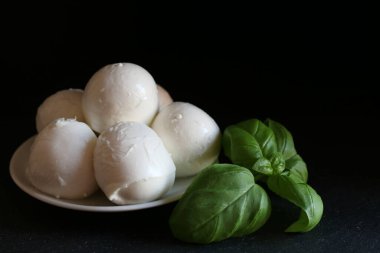 Campagna 'dan İtalyan bufalo mozzarella peyniri ve koyu arkaplanda yalıtılmış fesleğen yaprakları. Taze İtalyan peyniri. Genel Görünüm.