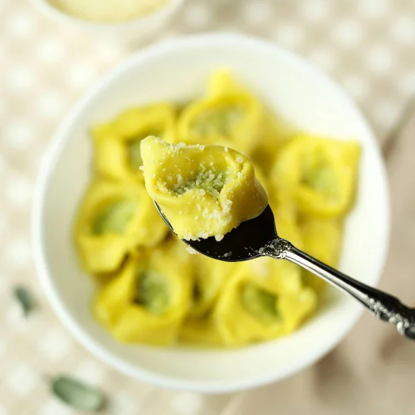 Cooking Concept Homemade Tortellini Broth Parmesan Cheese White Plate Overhead — Stock Photo, Image