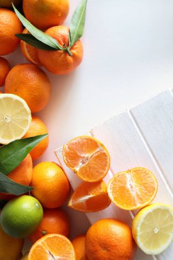 Düz kompozisyonda beyaz arka planda farklı turunçgil meyveleri vardı. Uzayı kopyala Genel Görünüm.