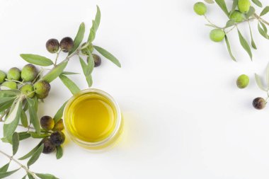 Beyaz arka planda taze zeytin ve zeytin yağı. Doğa, sağlıklı, sağlıklı ve doğal gıda kavramı. Genel bakış. Boşluğu kopyala.