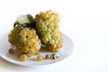 Beyaz arka planda izole edilmiş bir sürü taze üzüm. Taze mevsimlik üzümler. Sağlıklı yiyecekler. Vegan gıda konsepti. Boşluğu kopyala, yakın plan.