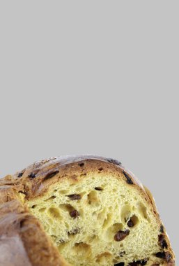 Geleneksel İtalyan Noel Panettone pastası ve gri arka planda kurumuş meyveler. Tatil sezonu. İtalyan yemeği konsepti. Boşluğu kopyala.