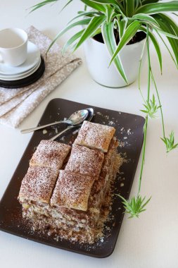 Beyaz arka planda izole edilmiş çikolata kremalı ev yapımı lezzetli milföy tatlısı. Geleneksel Fransız tatlısı. Genel bakış. Boşluğu kopyala.
