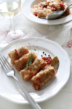 Lahana dolması, doğranmış et, sebze ve pilav. Genel Görünüm.