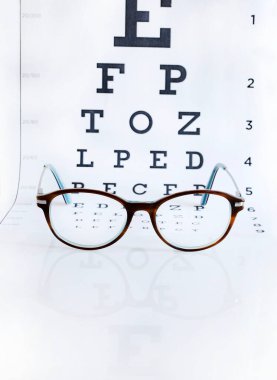 Gözlük ve göz çizelgesi beyaz arka planda izole edilmiş. Moda ve göz sağlığı. Boşluğu kopyala.