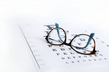 Gözlük ve göz çizelgesi beyaz arka planda izole edilmiş. Moda ve göz sağlığı. Boşluğu kopyala.