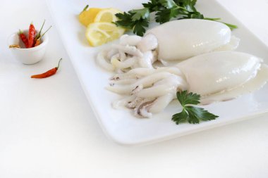 Beyaz arka planda limonlu ve otlu taze mürekkep balığı. Deniz ürünleri. Tam üstte.