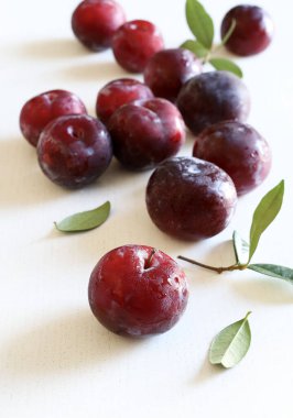 Beyaz arka planda izole edilmiş bir grup lezzetli erik meyvesi. Sağlıklı ve vejetaryen yemekleri. Boşluğu kopyala.