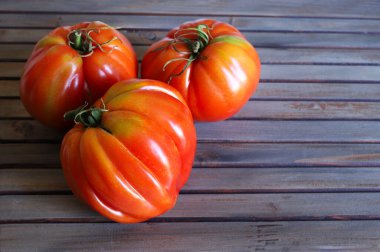 Tahta bir arka planda izole edilmiş bir grup taze domates. Sağlıklı ve vejetaryen yemekleri. Boşluğu kopyala.