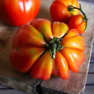 Tahta bir arka planda izole edilmiş bir grup taze domates. Sağlıklı ve vejetaryen yemekleri. Boşluğu kopyala.