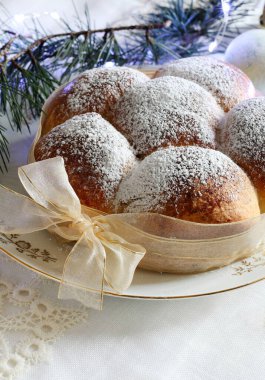 Homemade Austrian buchteln filled with apricot jam. Sweet buns. Sweet Danube. Yeast dough cakes. Christmas decorations, Christmas holiday. clipart