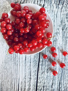 Olgun kırmızı frenk üzümü, beyaz ahşap bir arka planda izole edilmiş bir tabakta böğürtlen biriktirir. Sağlıklı gıda kavramı Boşluğu kopyala. 
