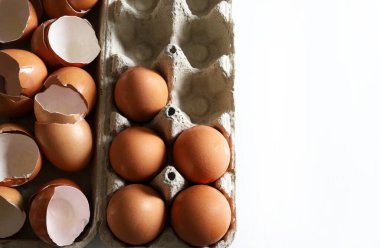 Kırık yumurta kabukları ve yumurta kabuğunun içinde tam yumurta. Tam üstte. Boşluğu kopyala.