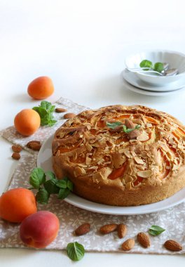 Beyaz arka planda taze nane yapraklarıyla süslenmiş badem taneli nefis ev yapımı kayısı turtası. Yaz meyveli tatlı.