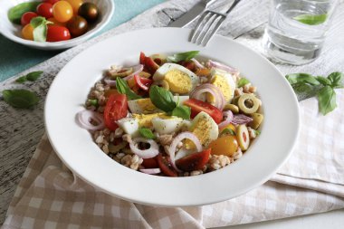 Haşlanmış yumurtalı ev yapımı salata, taze sebze ve ahşap arka planda fesleğen. Hecelenmiş salata. Sağlıklı yiyecekler. Tam üstte.