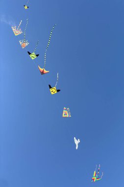 Mavi gökyüzünde uçan bir grup uçurtma. Özgürlük ve yaz tatili kavramı. Tatil sezonu.