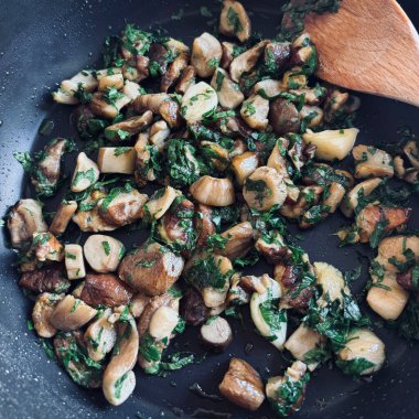 Funghi trifolati ya da tavaya maydanoz serpiştirilmiş kızarmış Boletus Porcini mantarı. Lezzetli ev yapımı sonbahar yemeği. Tam üstte.