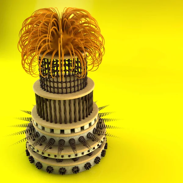 3d rendering of a yellow and gold cake on a white background
