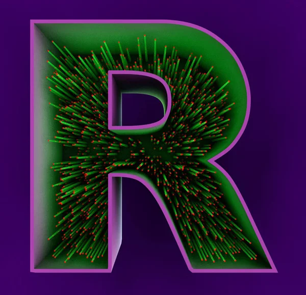 3d rendering of a green and purple font with a blue background