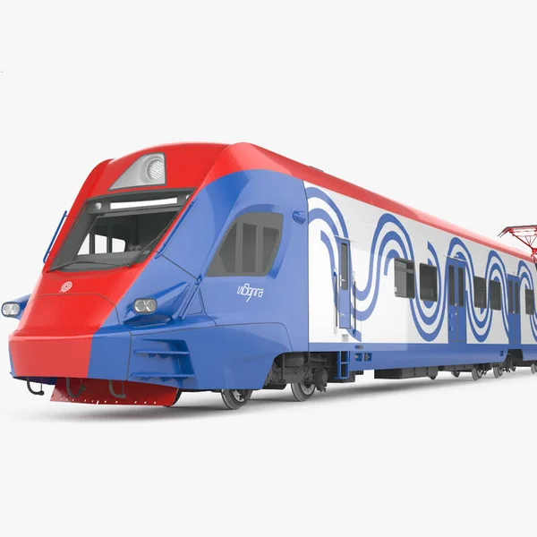 3d cg rendering of a blue and white passenger train on a reflective background