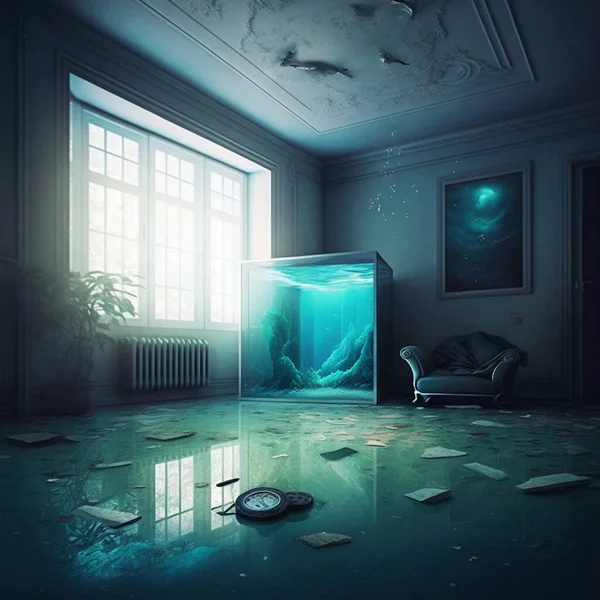 futuristic room with water on the floor