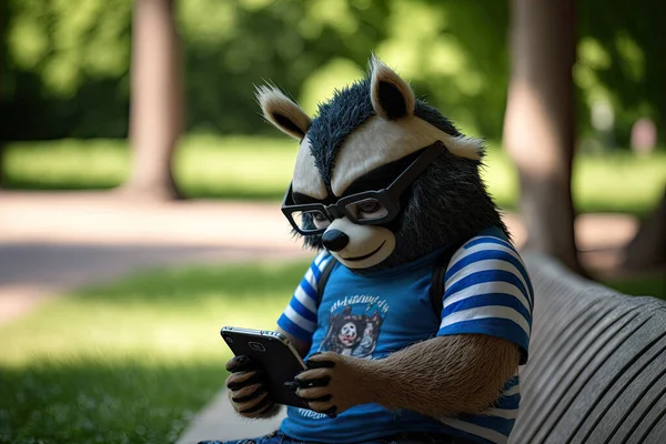 Tech-Savvy Raccoon: Chubby Masked Bandit Scrolling on Smartphone in Park