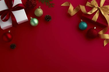 christmas decor on wood table, flat lay, top view