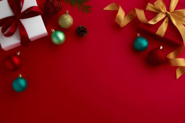 christmas decor on wood table, flat lay, top view