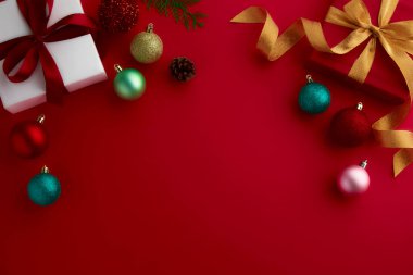 christmas decor on wood table, flat lay, top view