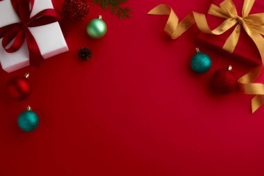 christmas decor on wood table, flat lay, top view