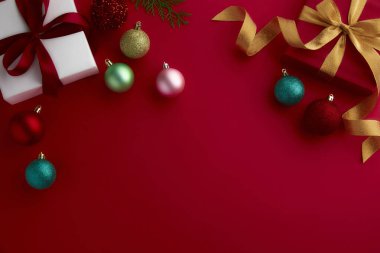 christmas decor on wood table, flat lay, top view