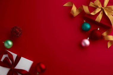 christmas decor on wood table, flat lay, top view