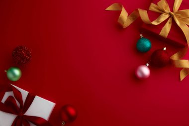 christmas decor on wood table, flat lay, top view