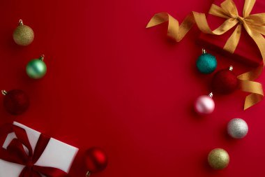 christmas decor on wood table, flat lay, top view