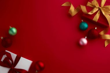 christmas decor on wood table, flat lay, top view
