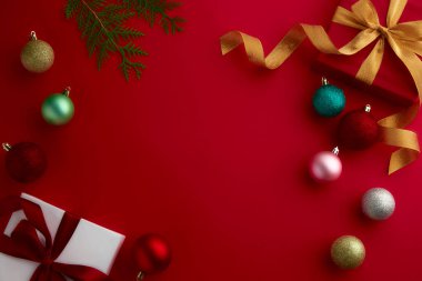 christmas decor on wood table, flat lay, top view