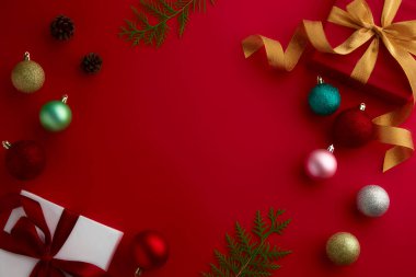 christmas decor on wood table, flat lay, top view