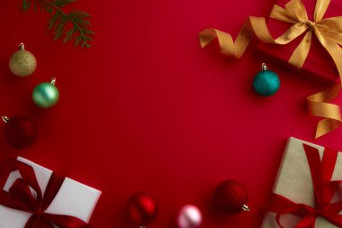 christmas decor on wood table, flat lay, top view