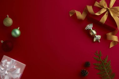 christmas decor on wood table, flat lay, top view