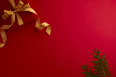 christmas decor on wood table, flat lay, top view