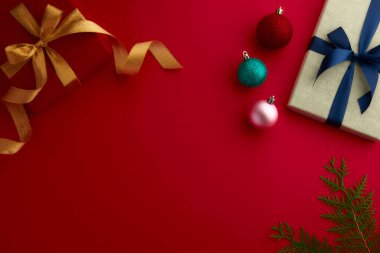 christmas decor on wood table, flat lay, top view