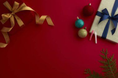 christmas decor on wood table, flat lay, top view