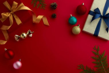 christmas decor on wood table, flat lay, top view