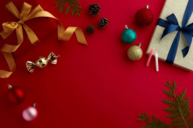 christmas decor on wood table, flat lay, top view