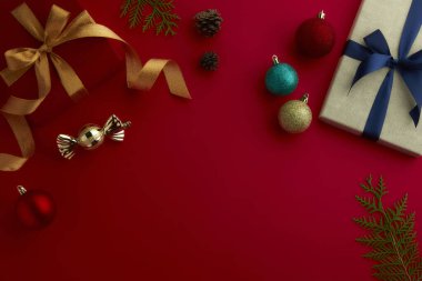 christmas decor on wood table, flat lay, top view