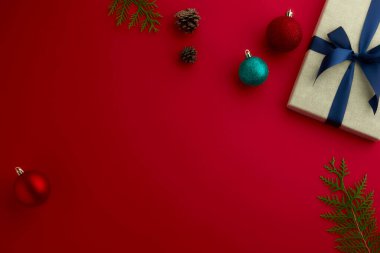 christmas decor on wood table, flat lay, top view