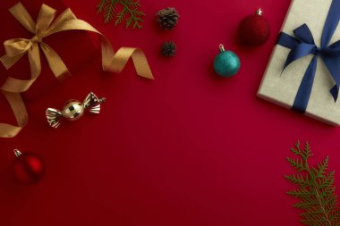 christmas decor on wood table, flat lay, top view