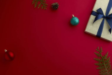 christmas decor on wood table, flat lay, top view