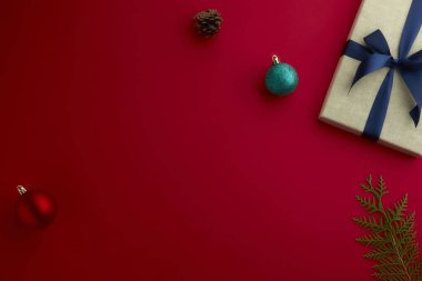 christmas decor on wood table, flat lay, top view